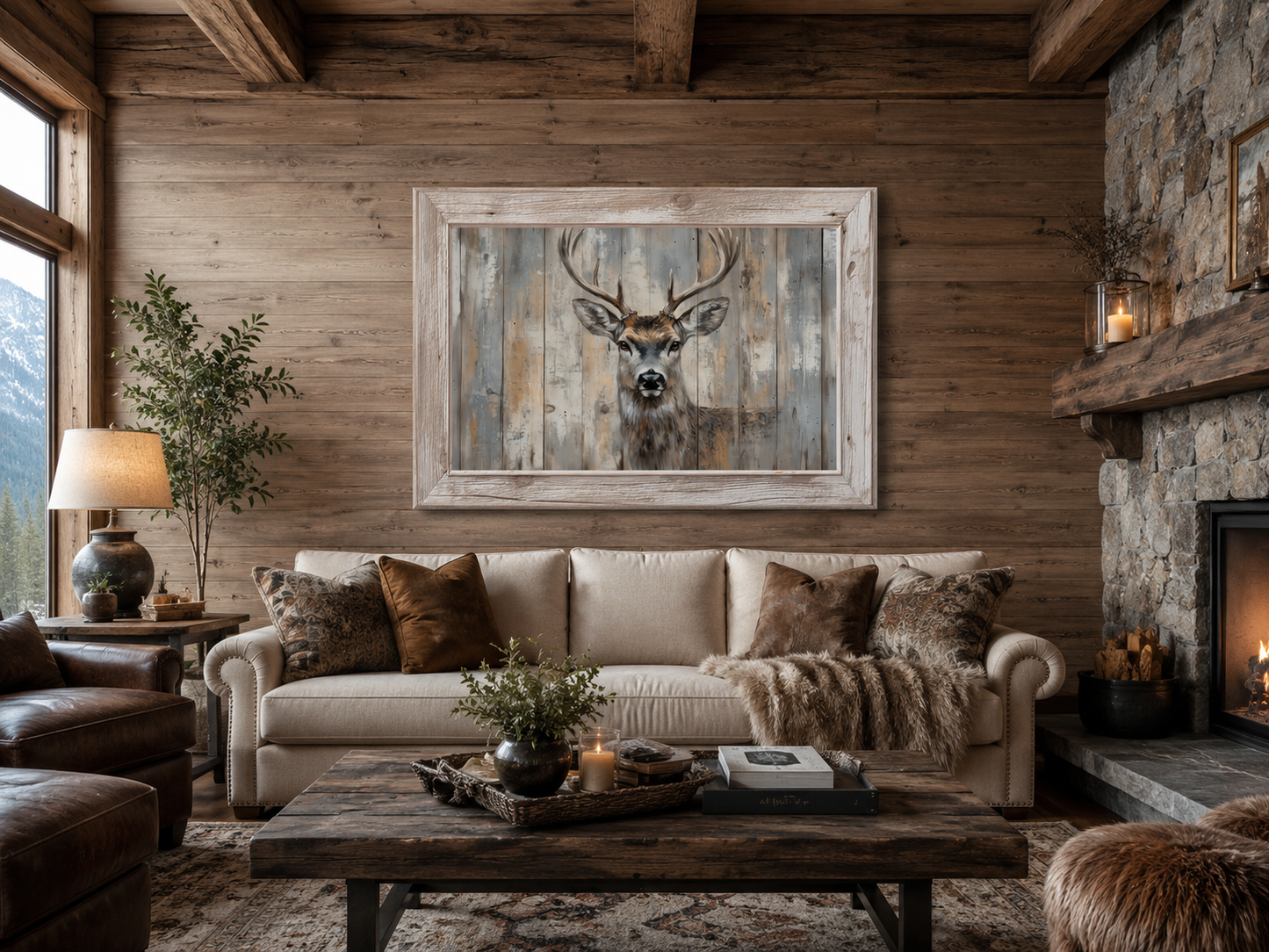 Deer Painting In Fake Rustic Barnwood Frame Canvas Wall Art