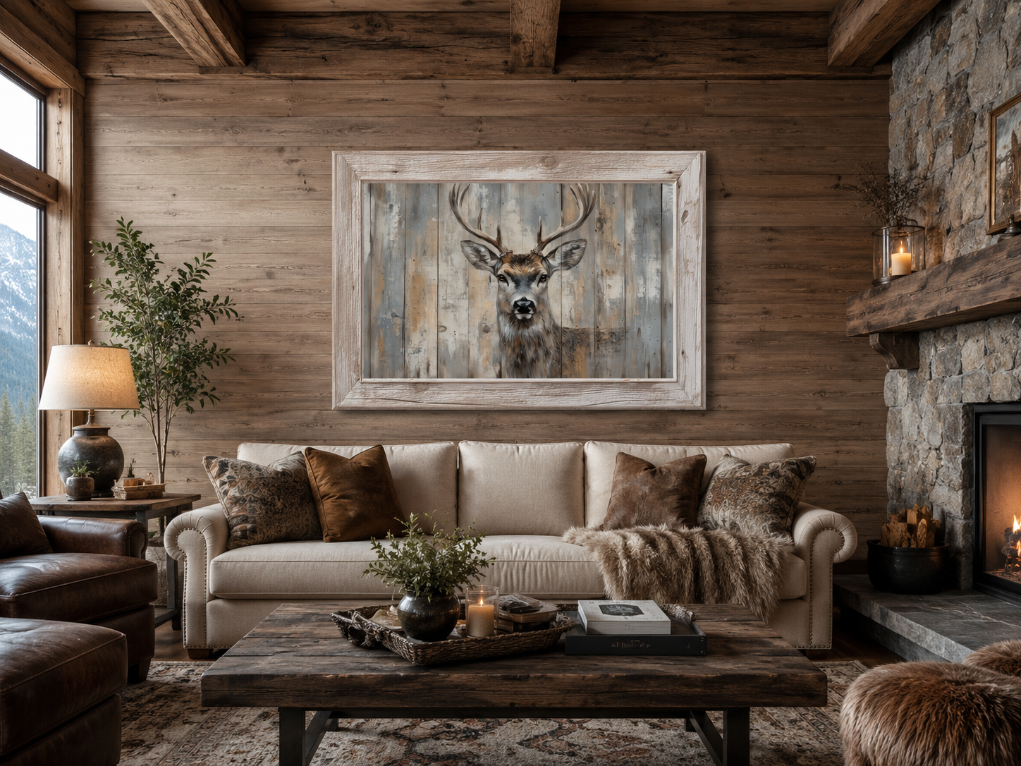 Deer Painting In Fake Rustic Barnwood Frame Canvas Wall Art