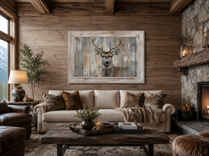 Deer Painting In Fake Rustic Barnwood Frame Canvas Wall Art