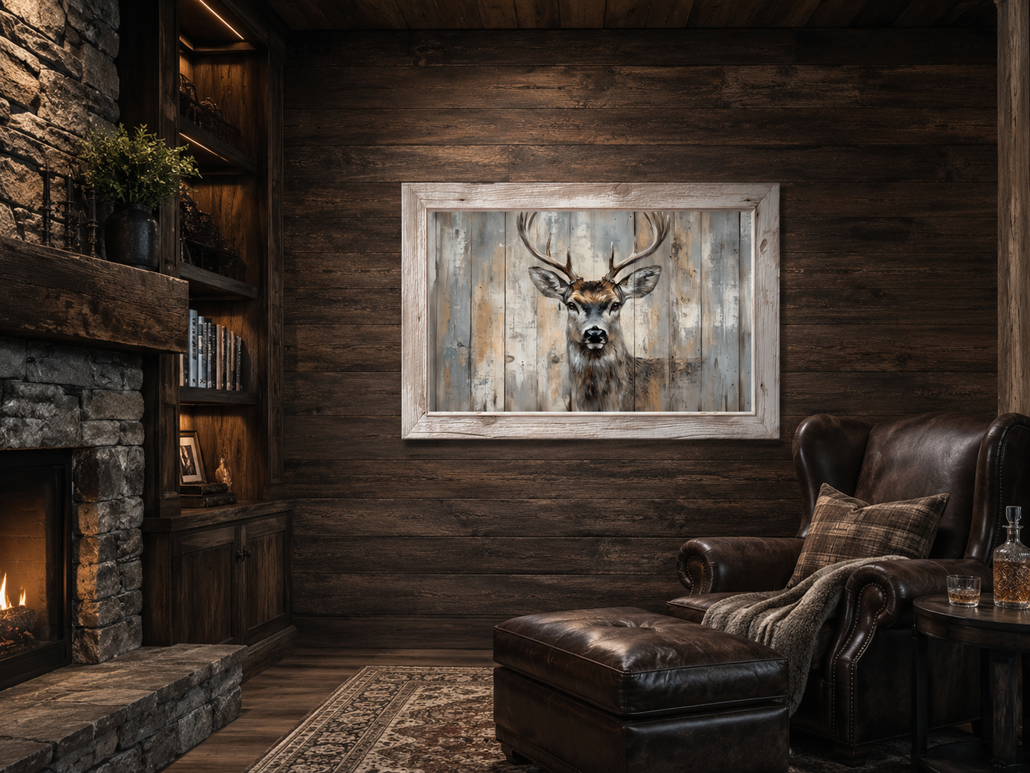 Deer Painting In Fake Rustic Barnwood Frame Canvas Wall Art