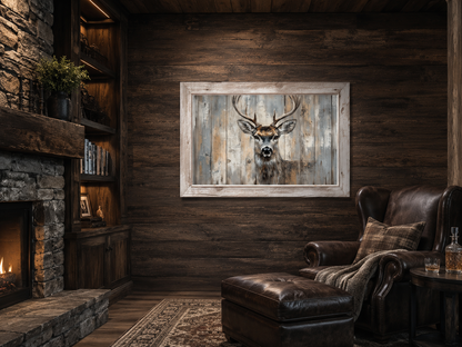 Deer Painting In Fake Rustic Barnwood Frame Canvas Wall Art