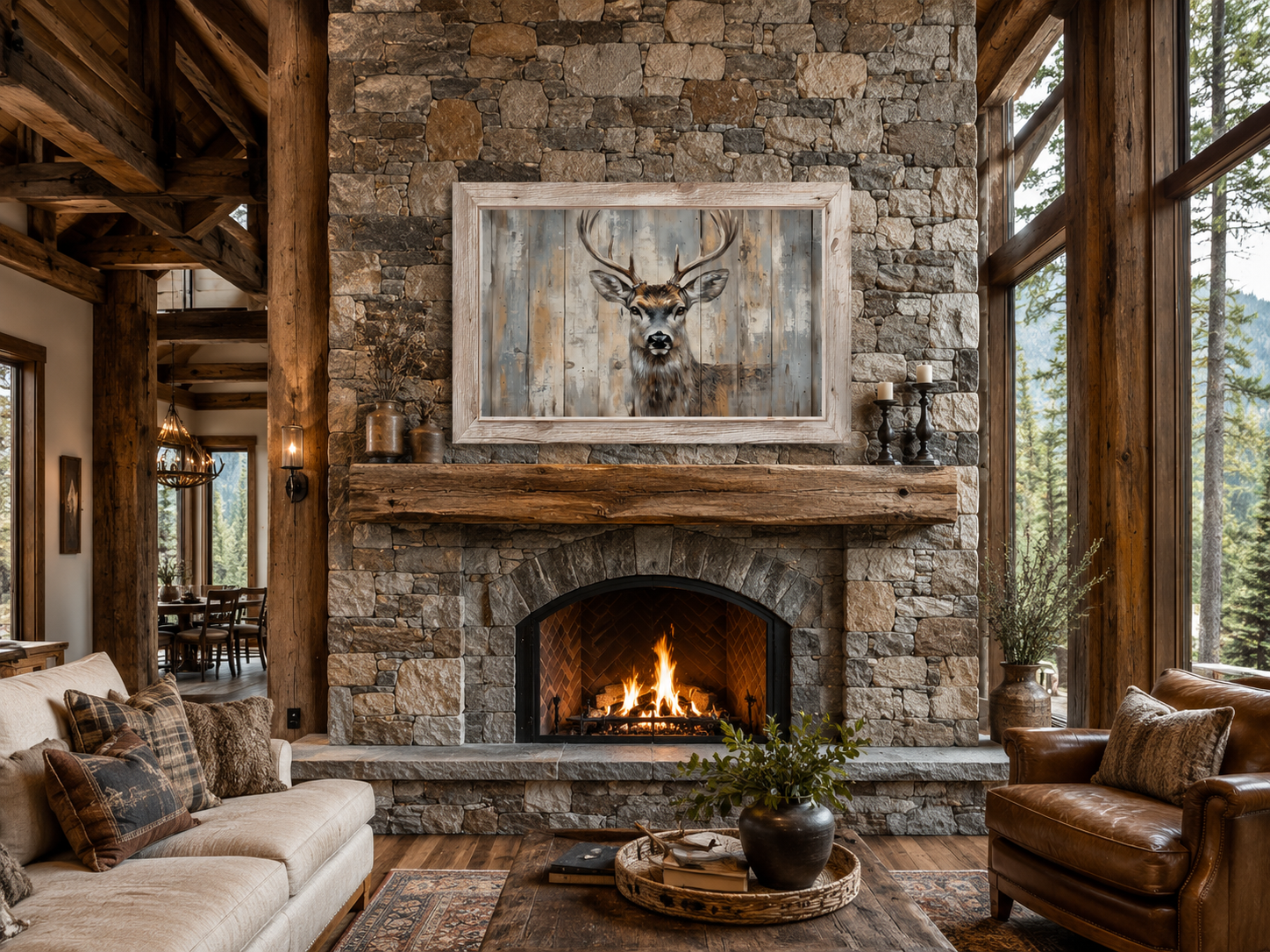 Deer Painting In Fake Rustic Barnwood Frame Canvas Wall Art
