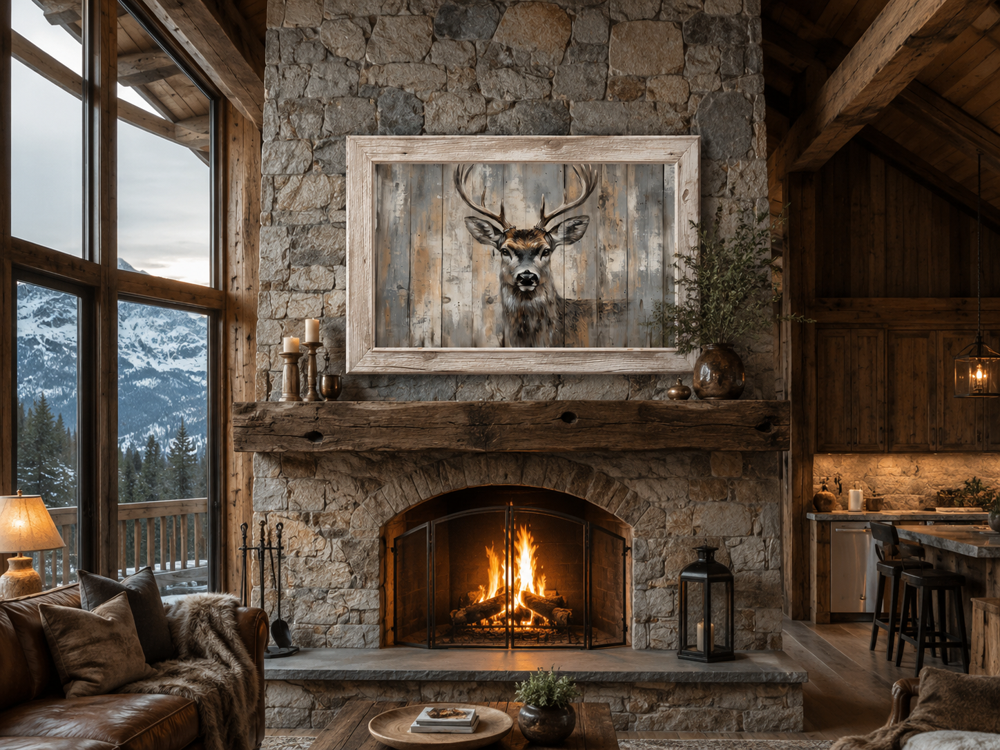 Deer Painting In Fake Rustic Barnwood Frame Canvas Wall Art