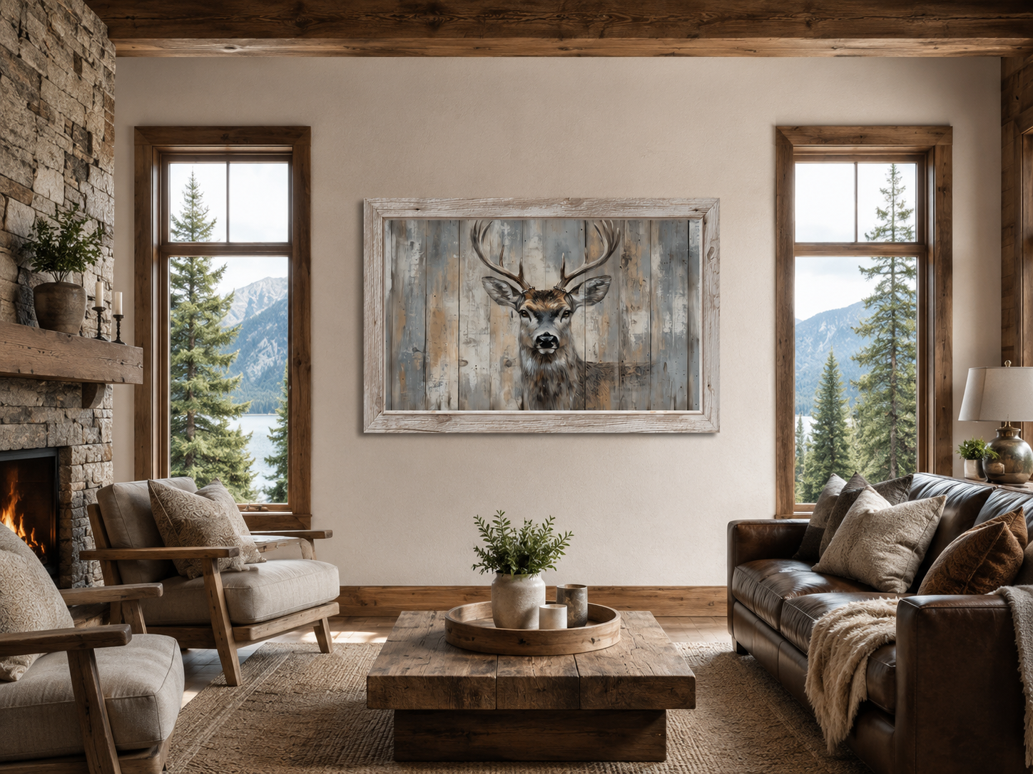 Deer Painting In Fake Rustic Barnwood Frame Canvas Wall Art