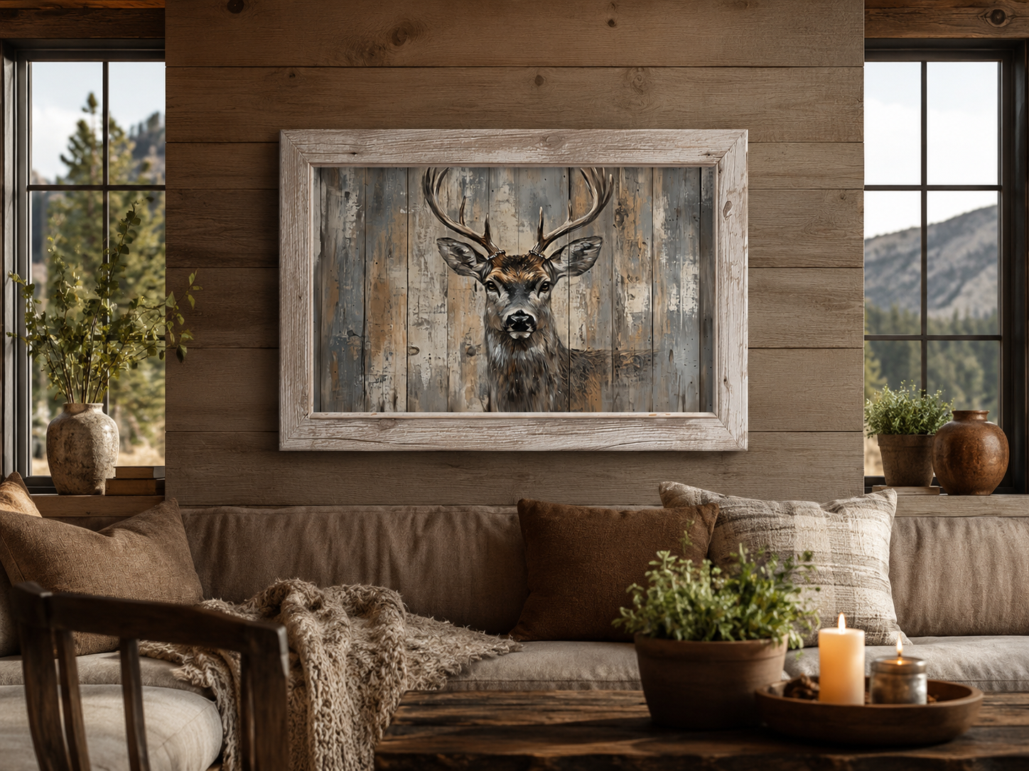 Deer Painting In Fake Rustic Barnwood Frame Canvas Wall Art