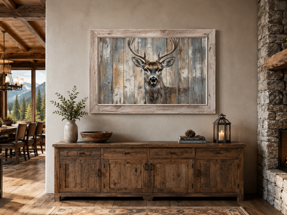 Deer Painting In Fake Rustic Barnwood Frame Canvas Wall Art