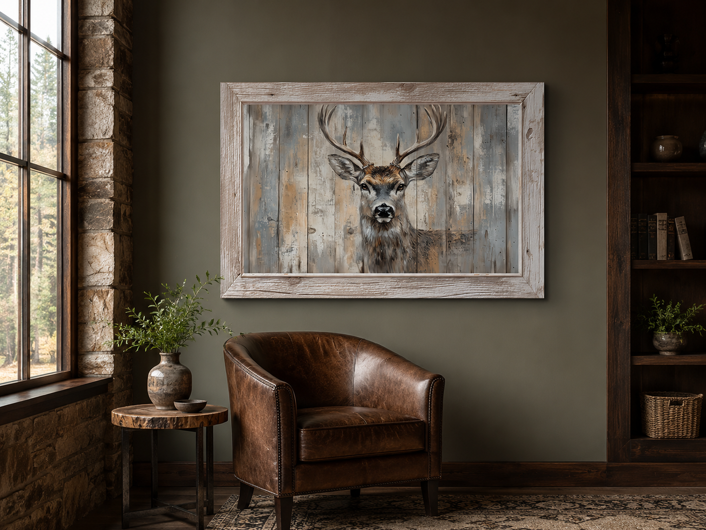 Deer Painting In Fake Rustic Barnwood Frame Canvas Wall Art