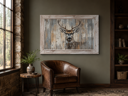 Deer Painting In Fake Rustic Barnwood Frame Canvas Wall Art