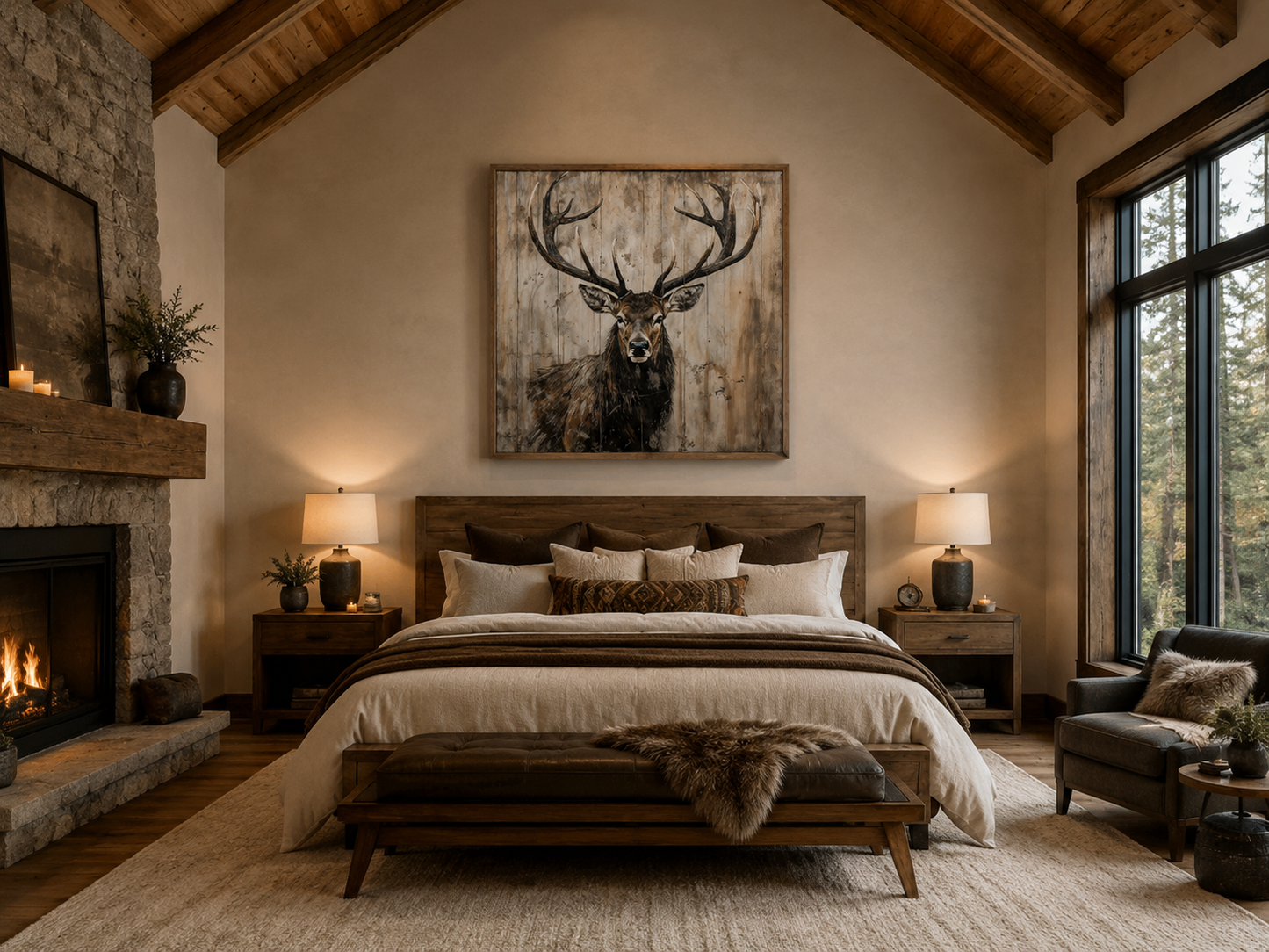 Deer Portrait on Distressed Wood Rustic Framed Canvas Wall Art