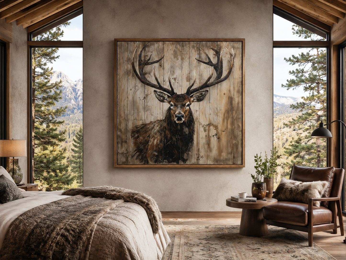 Deer Portrait on Distressed Wood Rustic Framed Canvas Wall Art