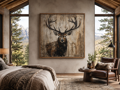 Deer Portrait on Distressed Wood Rustic Framed Canvas Wall Art