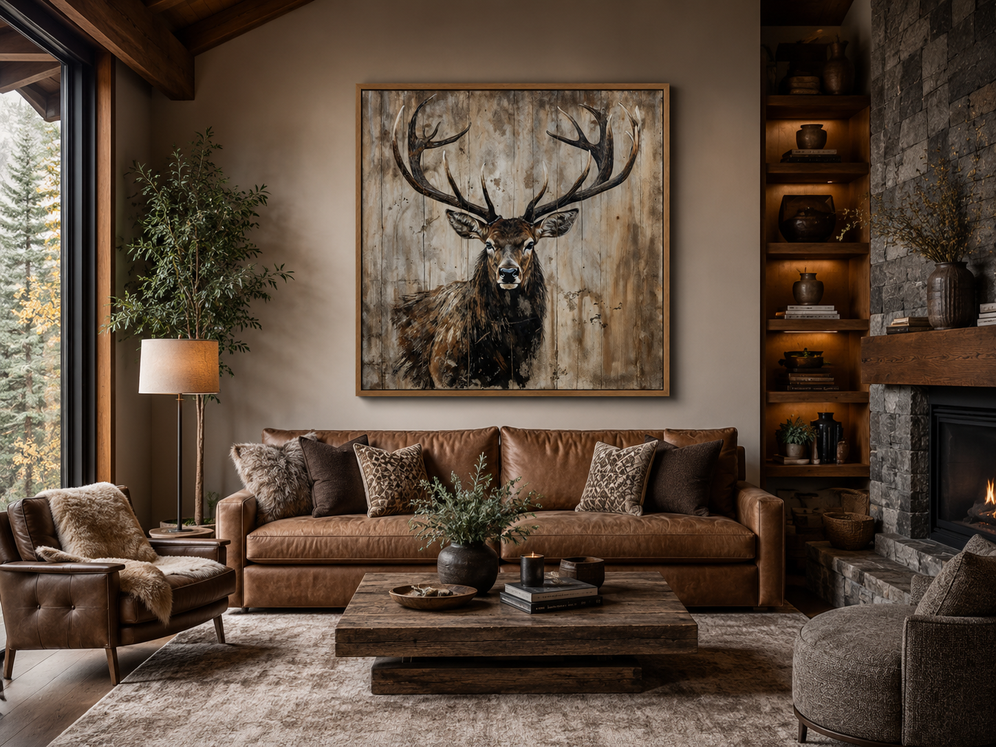 Deer Portrait on Distressed Wood Rustic Framed Canvas Wall Art