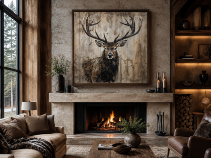 Deer Portrait on Distressed Wood Rustic Framed Canvas Wall Art
