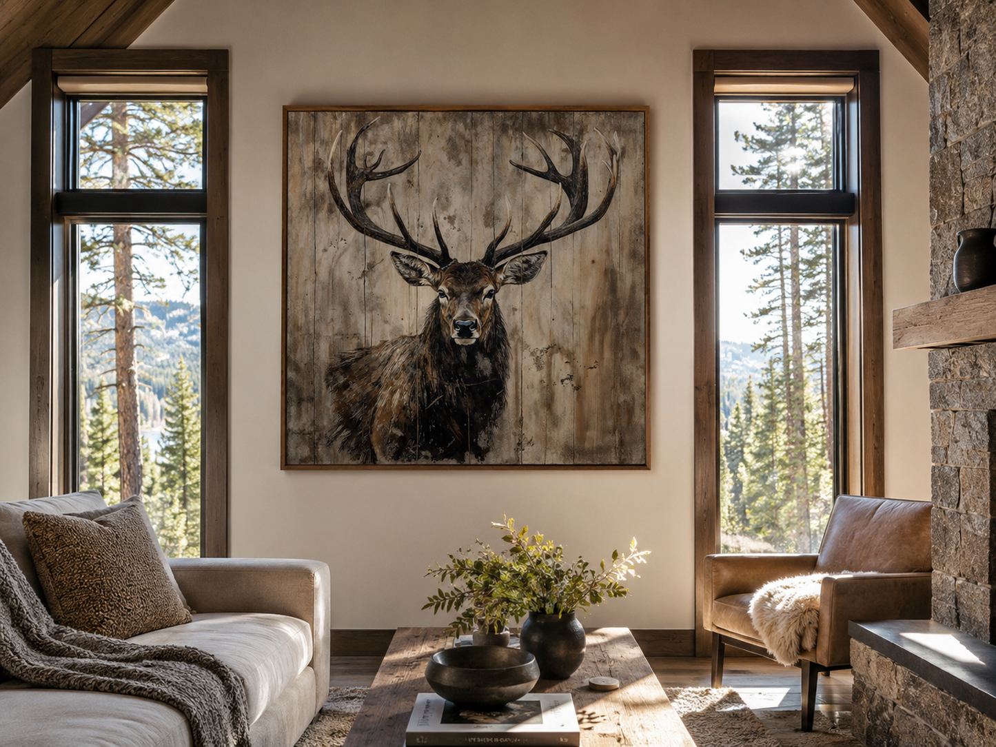 Deer Portrait on Distressed Wood Rustic Framed Canvas Wall Art