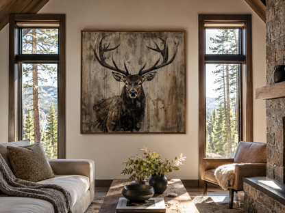Deer Portrait on Distressed Wood Rustic Framed Canvas Wall Art