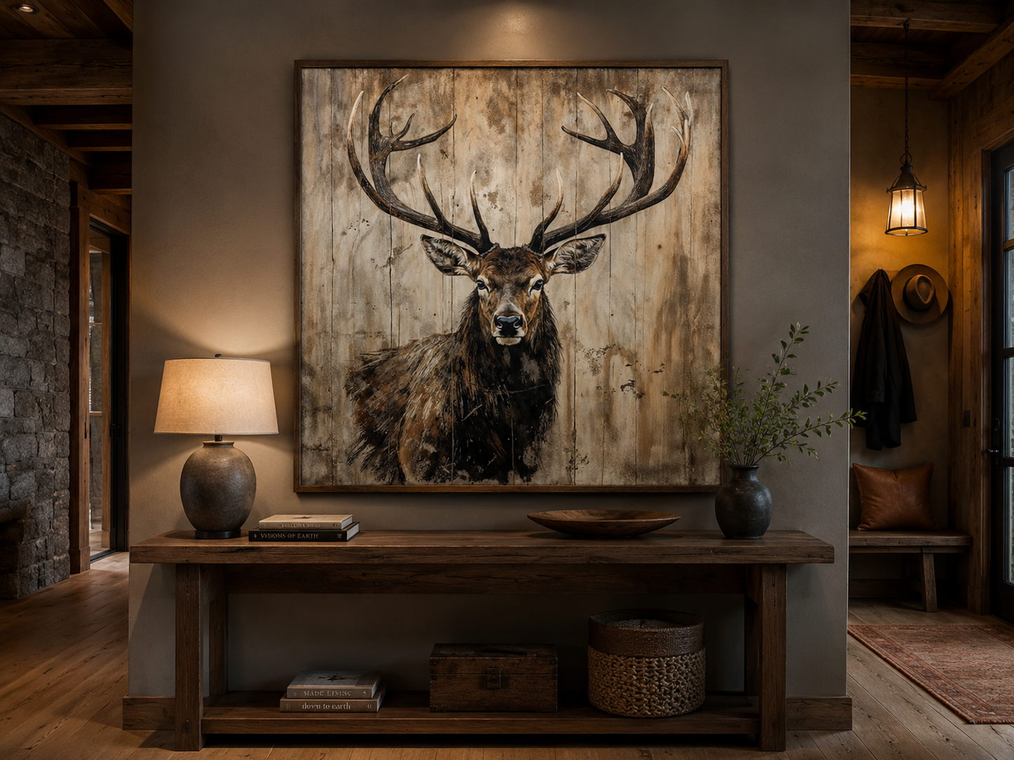 Deer Portrait on Distressed Wood Rustic Framed Canvas Wall Art