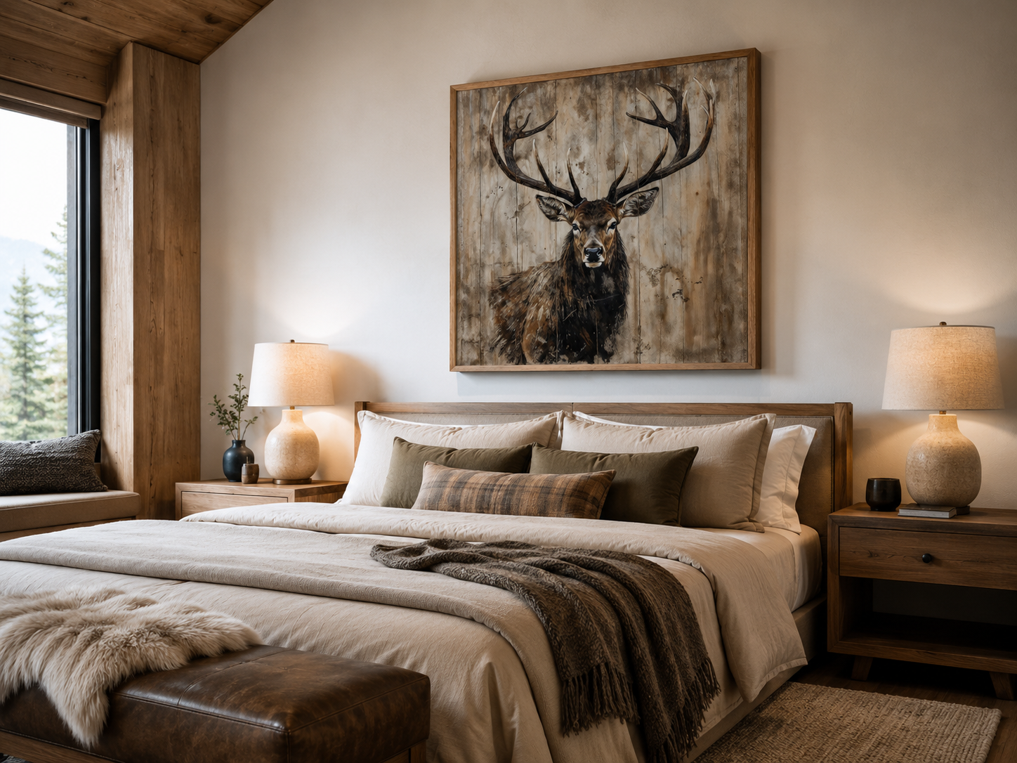 Deer Portrait on Distressed Wood Rustic Framed Canvas Wall Art