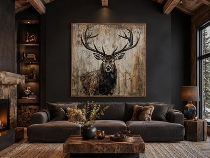 Deer Portrait on Distressed Wood Rustic Framed Canvas Wall Art