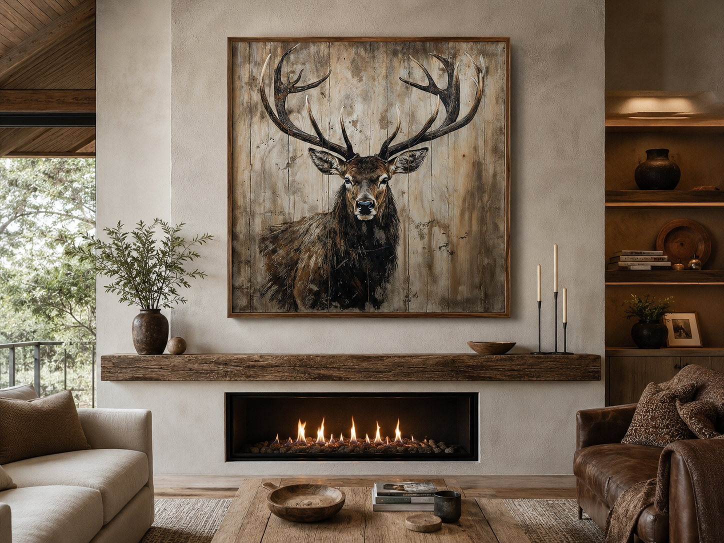 Deer Portrait on Distressed Wood Rustic Framed Canvas Wall Art