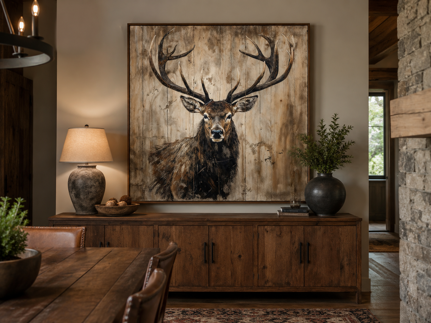 Deer Portrait on Distressed Wood Rustic Framed Canvas Wall Art