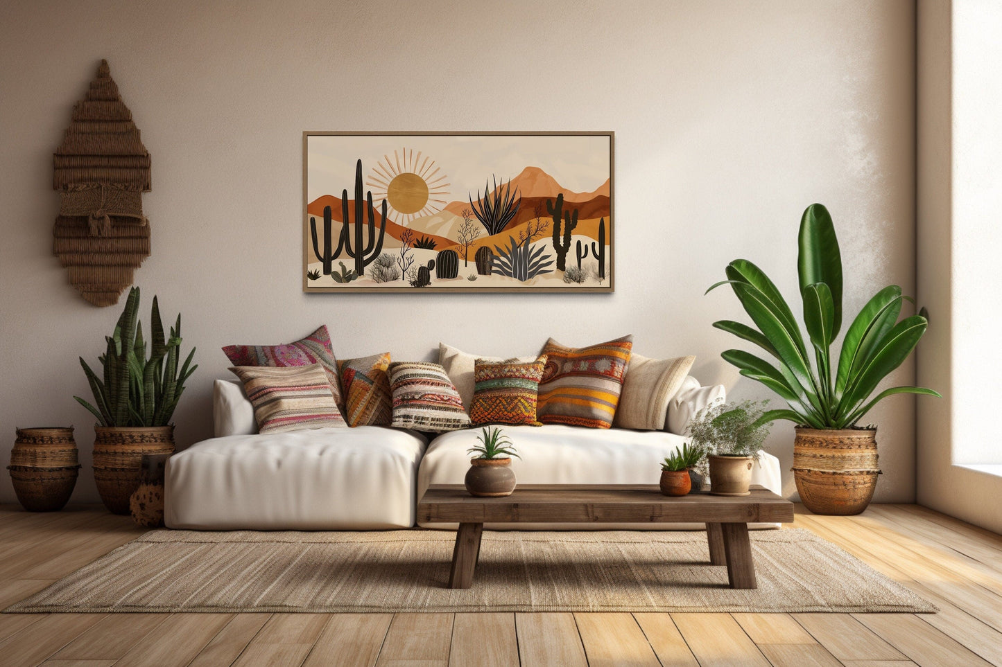 Mid Century Modern Neutral Desert With Cactus Framed Canvas Wall Art For Southwestern Living Room Decor