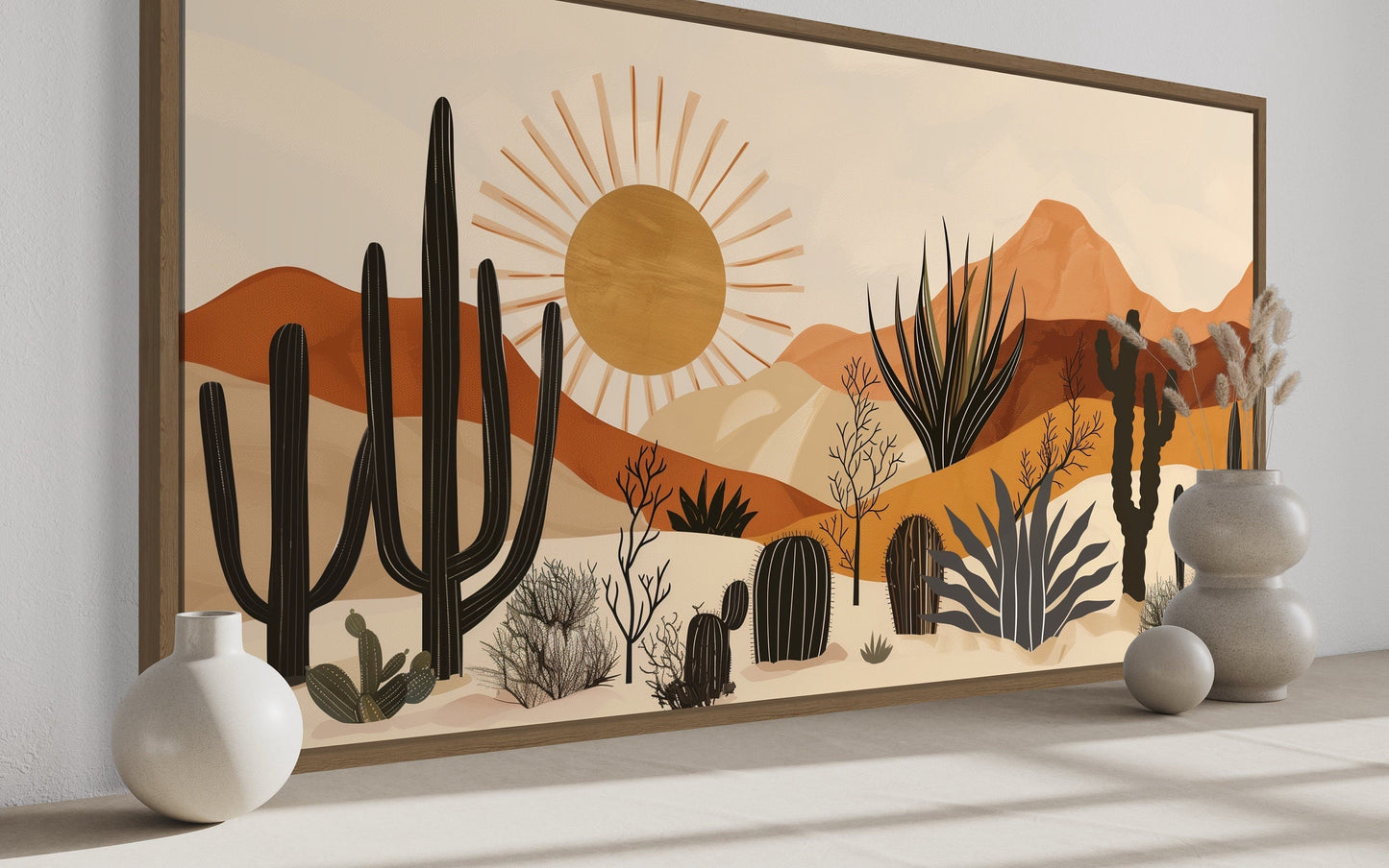 Mid Century Modern Neutral Desert With Cactus Framed Canvas Wall Art For Southwestern Living Room Decor
