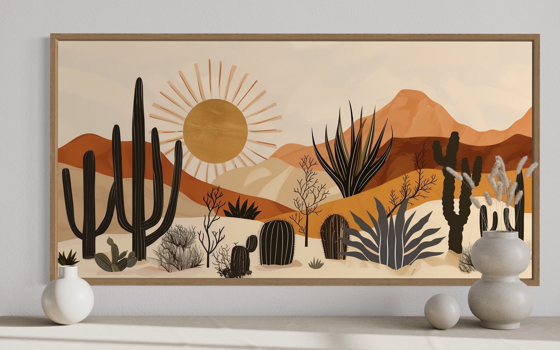 Mid Century Modern Neutral Desert With Cactus Framed Canvas Wall Art For Southwestern Living Room Decor