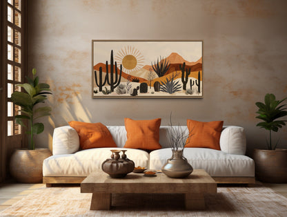 Mid Century Modern Neutral Desert With Cactus Framed Canvas Wall Art For Southwestern Living Room Decor