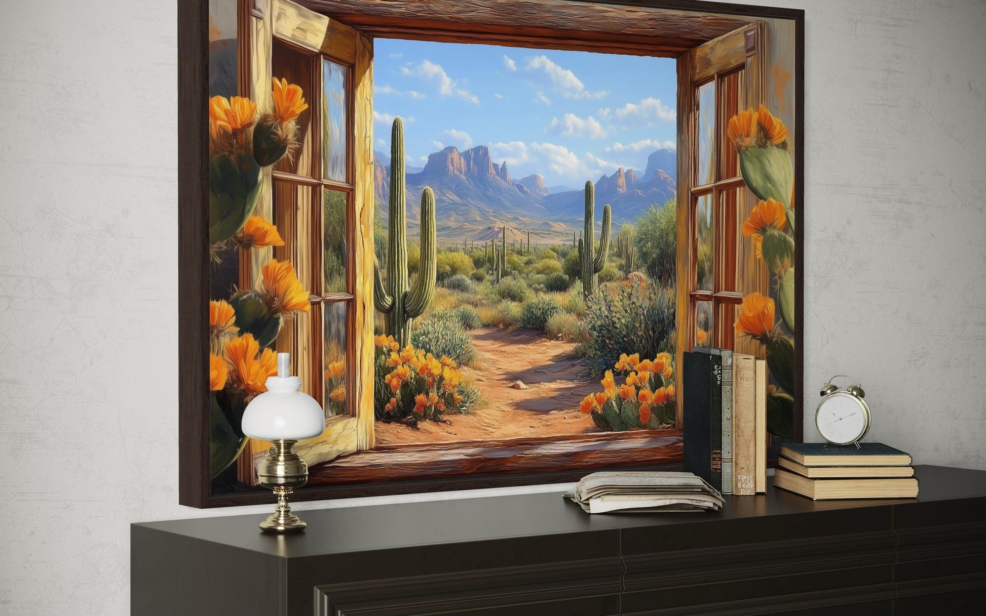 Desert Cactus Window View Canvas Wall Art - Mexican Wall Decor
