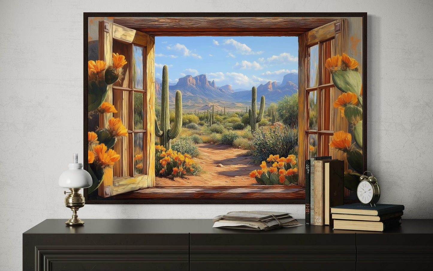 Desert Cactus Window View Canvas Wall Art - Mexican Wall Decor