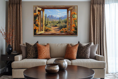 Desert Cactus Window View Canvas Wall Art - Mexican Wall Decor