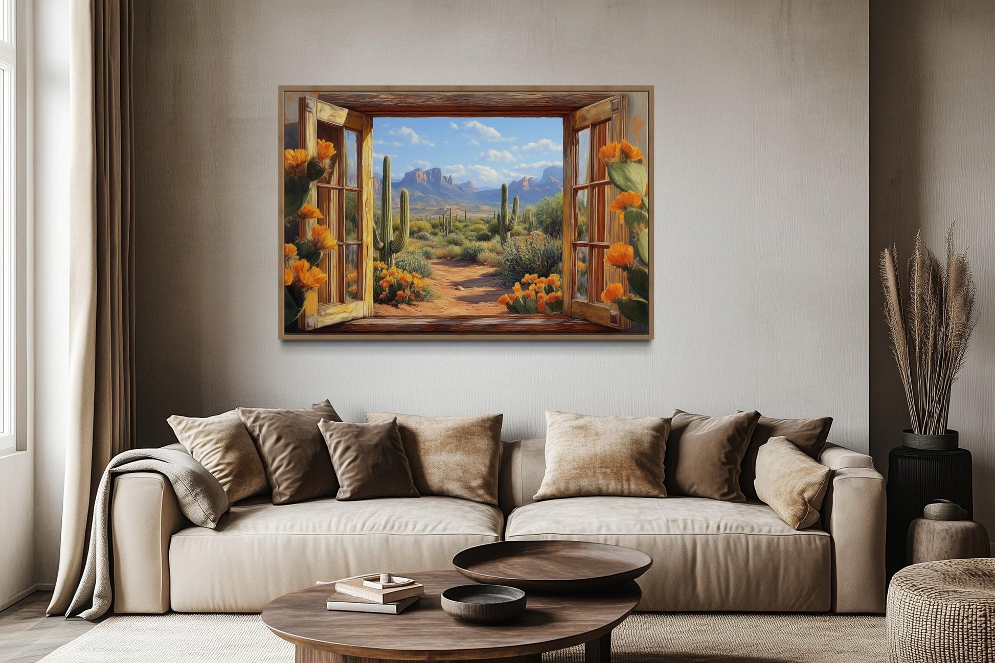 Desert Cactus Window View Canvas Wall Art - Mexican Wall Decor