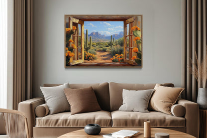 Desert Cactus Window View Canvas Wall Art - Mexican Wall Decor