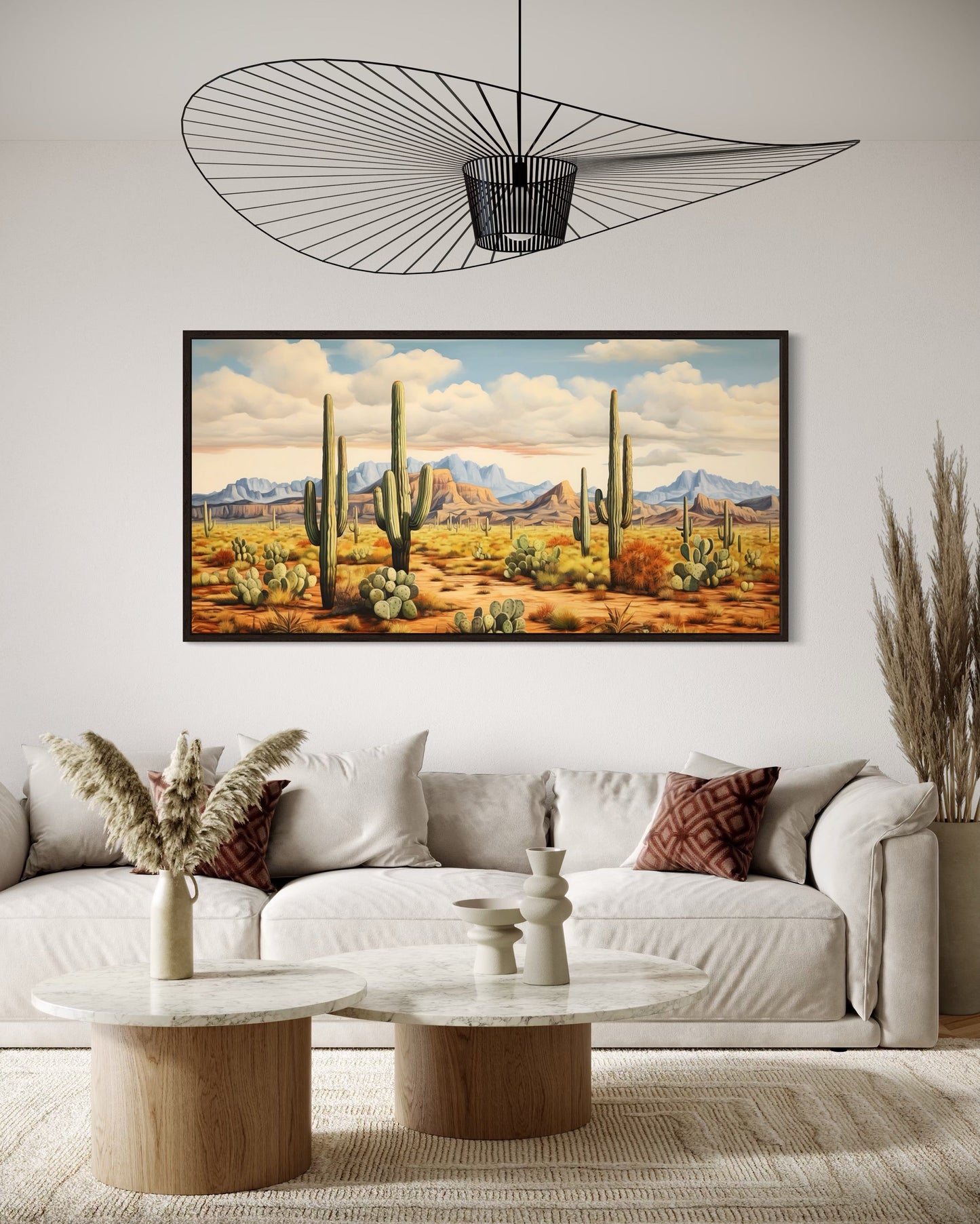 Desert Landscape With Tall Saguaro Cacti Southwestern Framed Canvas Wall Art