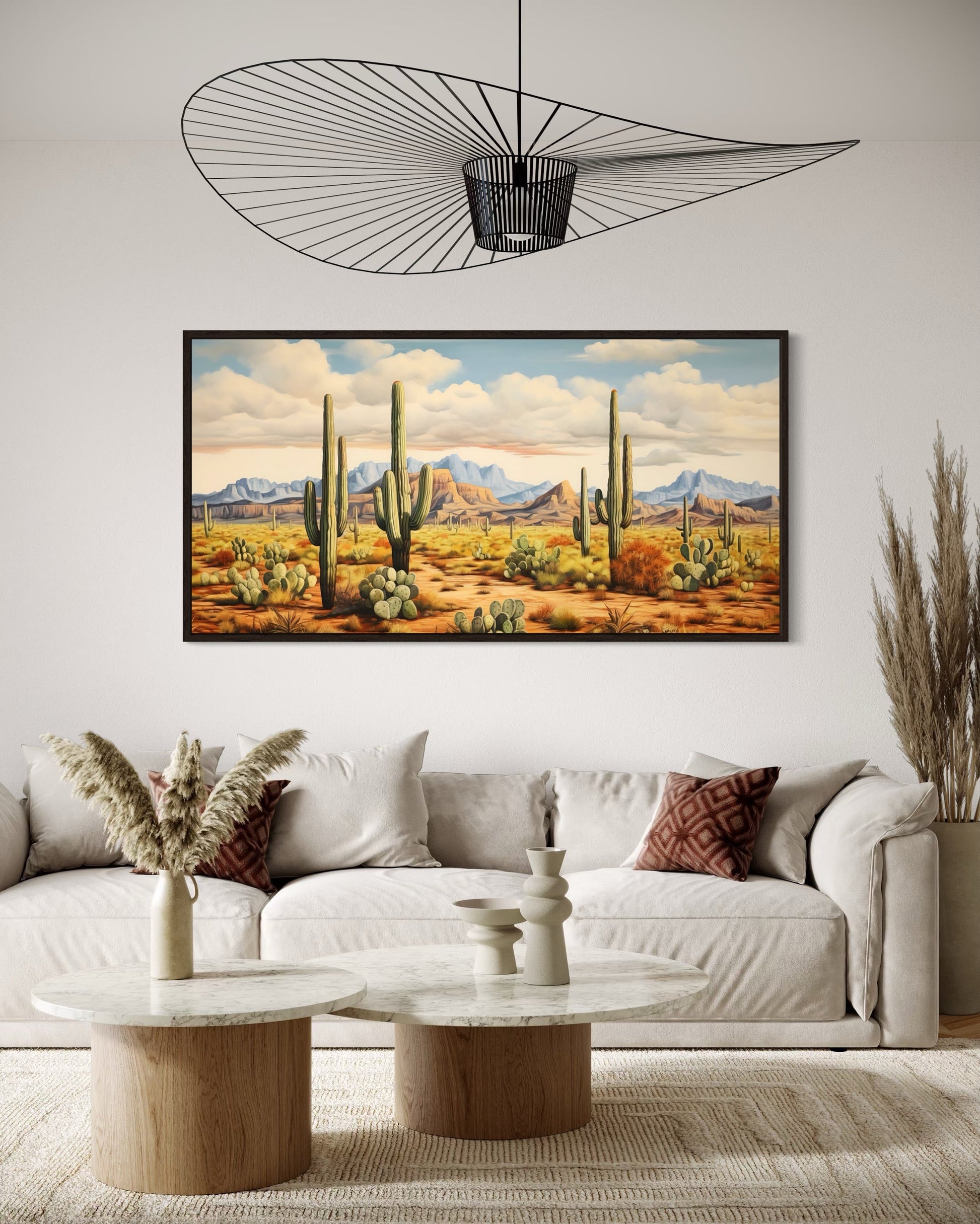 Desert Landscape With Tall Saguaro Cacti Southwestern Framed Canvas Wall Art