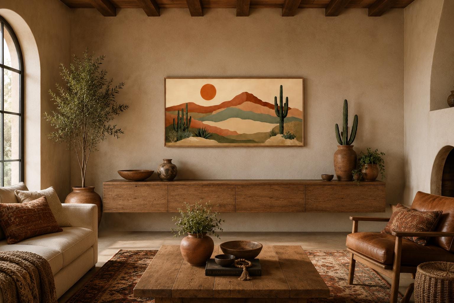 Desert Mountain Wall Art - Boho Southwest Canvas Print with Saguaro Cactus Decor