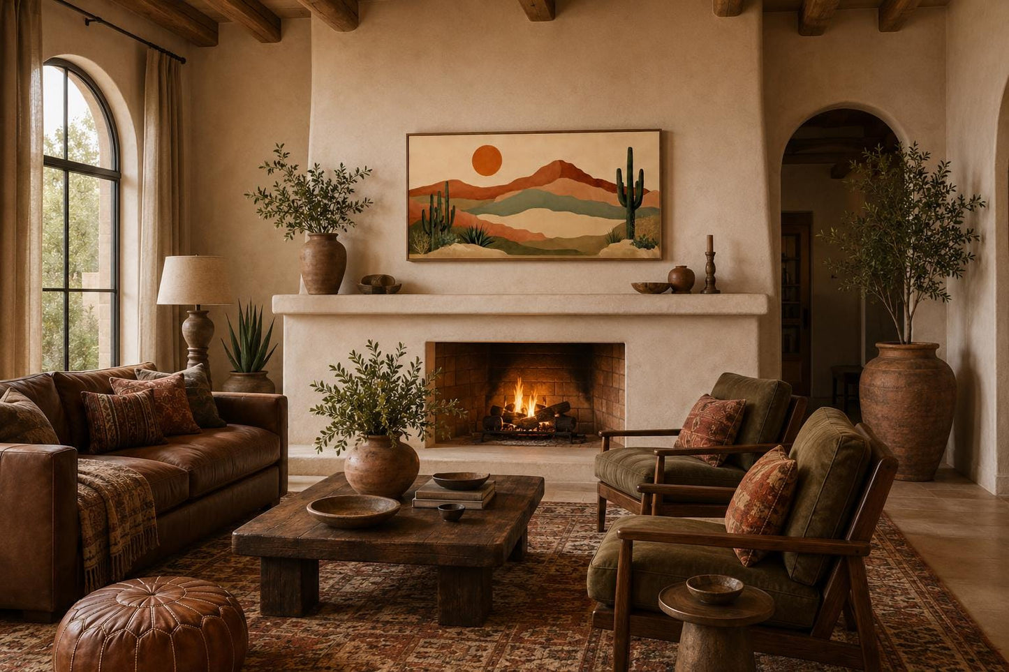 Desert Mountain Wall Art - Boho Southwest Canvas Print with Saguaro Cactus Decor