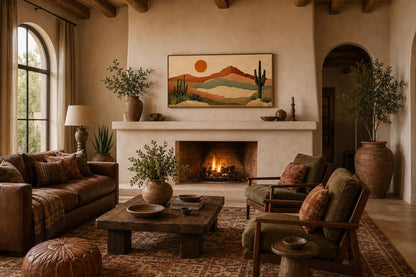 Desert Mountain Wall Art - Boho Southwest Canvas Print with Saguaro Cactus Decor
