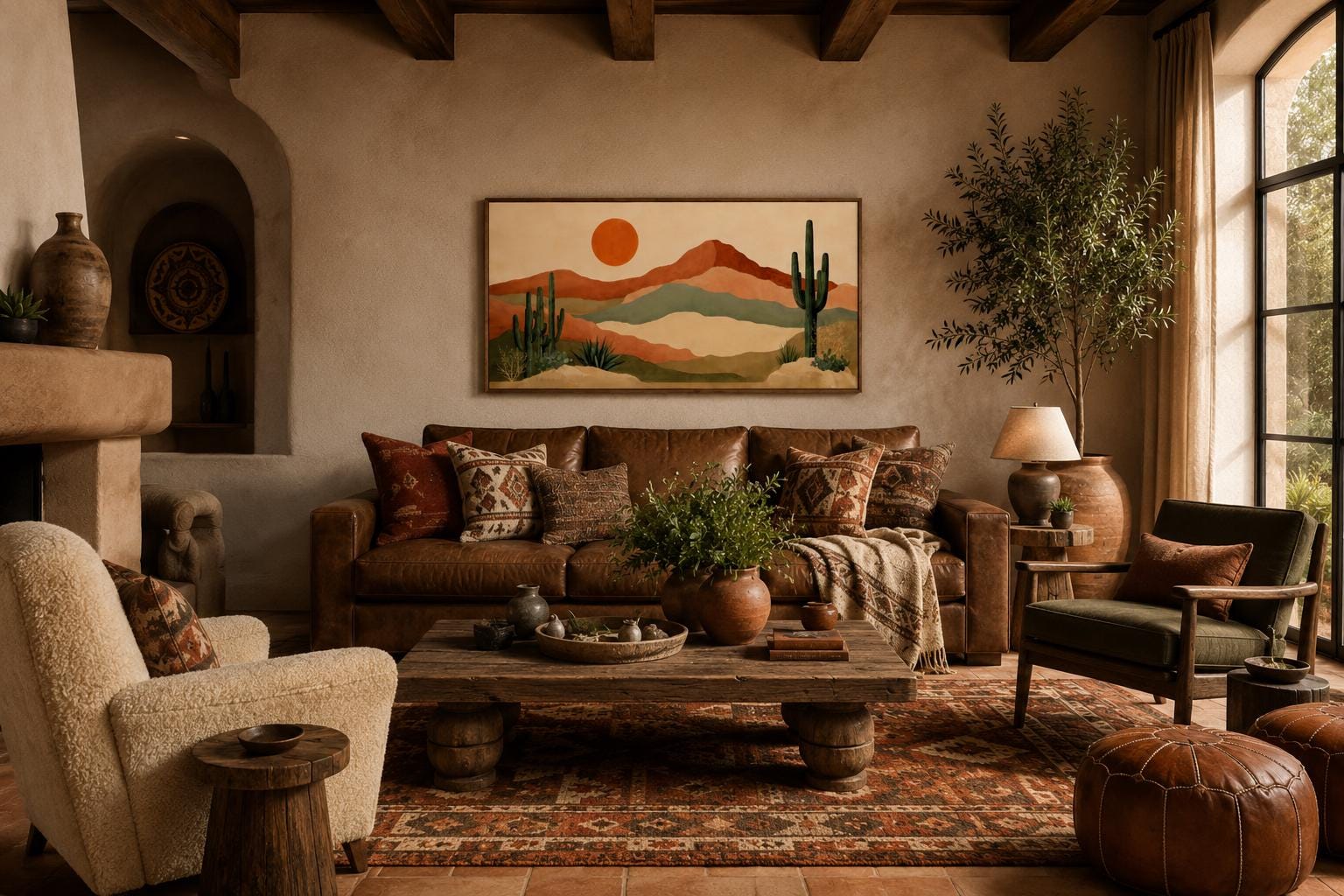 Desert Mountain Wall Art - Boho Southwest Canvas Print with Saguaro Cactus Decor