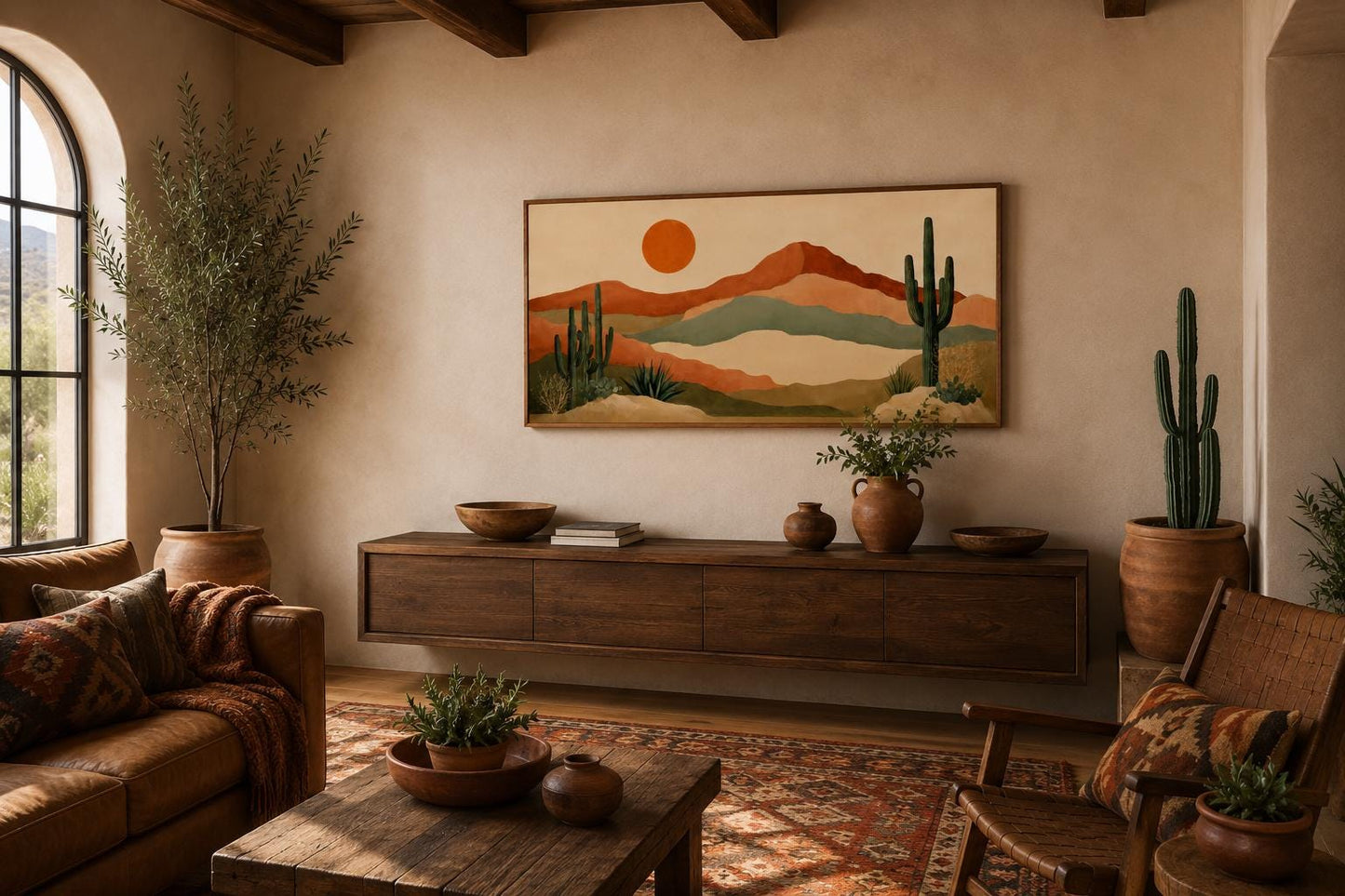 Desert Mountain Wall Art - Boho Southwest Canvas Print with Saguaro Cactus Decor