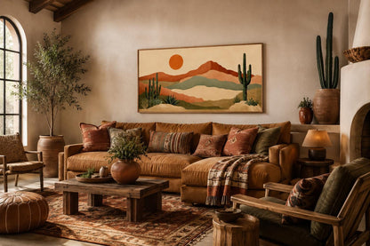 Desert Mountain Wall Art - Boho Southwest Canvas Print with Saguaro Cactus Decor