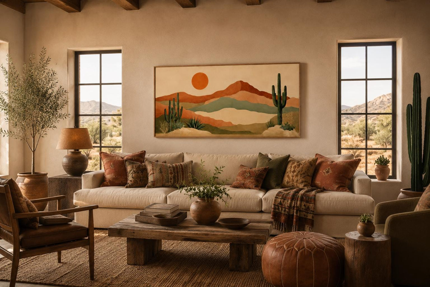 Desert Mountain Wall Art - Boho Southwest Canvas Print with Saguaro Cactus Decor