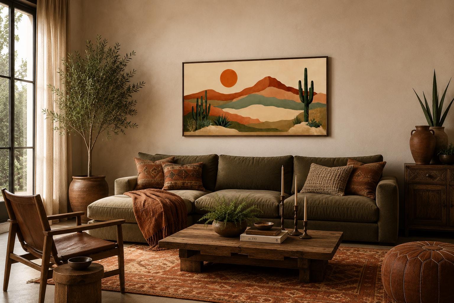 Desert Mountain Wall Art - Boho Southwest Canvas Print with Saguaro Cactus Decor