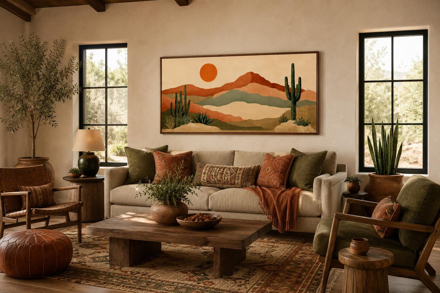 Desert Mountain Wall Art - Boho Southwest Canvas Print with Saguaro Cactus Decor