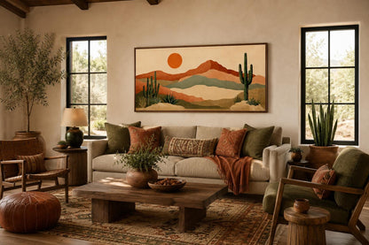 Desert Mountain Wall Art - Boho Southwest Canvas Print with Saguaro Cactus Decor