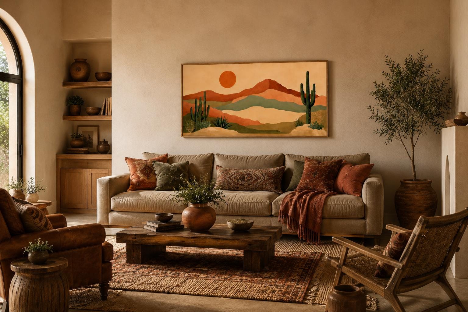 Desert Mountain Wall Art - Boho Southwest Canvas Print with Saguaro Cactus Decor