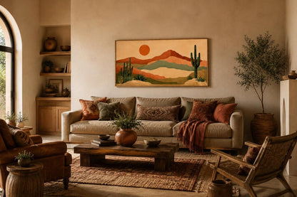 Desert Mountain Wall Art - Boho Southwest Canvas Print with Saguaro Cactus Decor