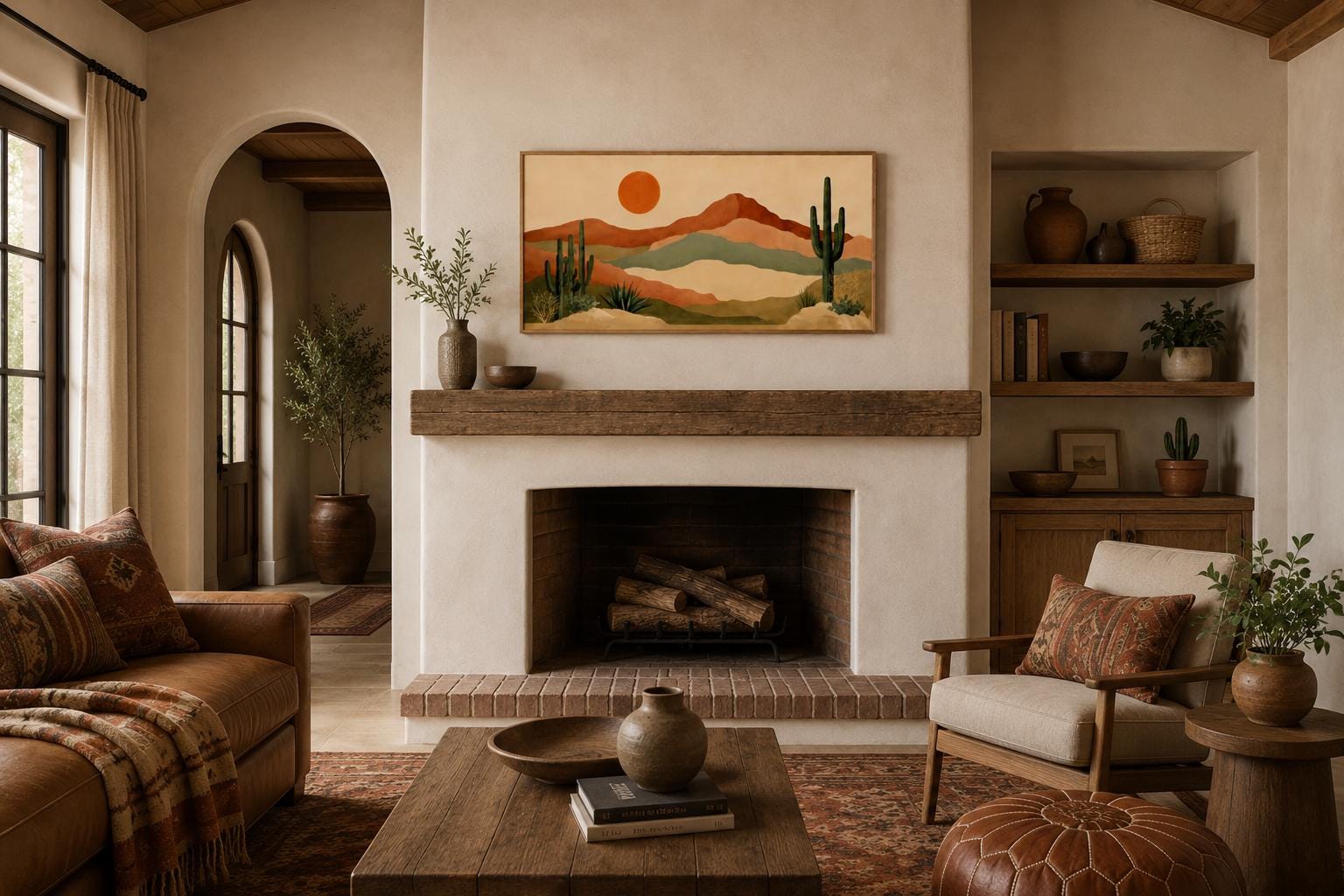 Desert Mountain Wall Art - Boho Southwest Canvas Print with Saguaro Cactus Decor