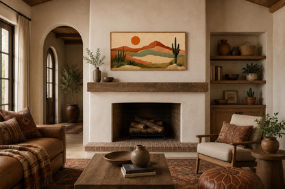 Desert Mountain Wall Art - Boho Southwest Canvas Print with Saguaro Cactus Decor
