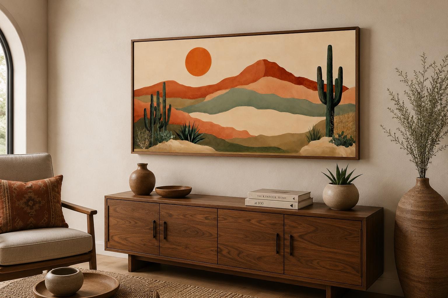 Desert Mountain Wall Art - Boho Southwest Canvas Print with Saguaro Cactus Decor